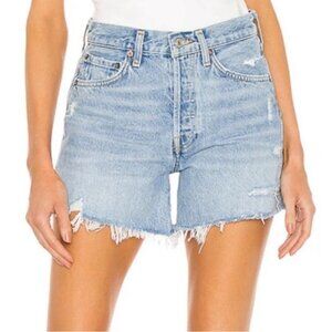 AGOLDE Parker Long High Waist Cutoff Denim Shorts Button Fly Light Wash Size 28
